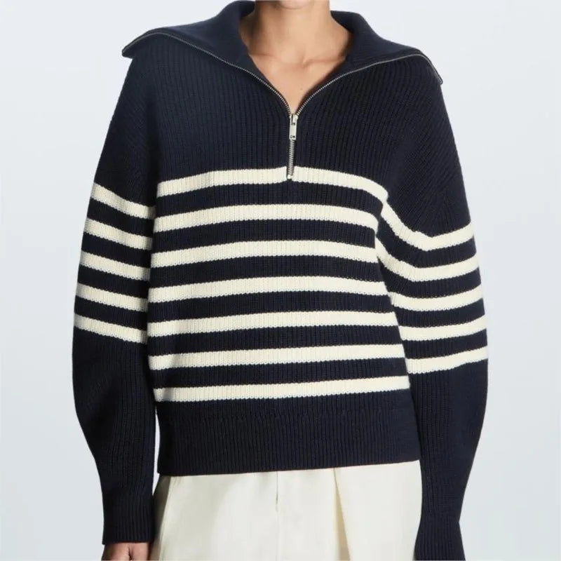 Liora | Women's Striped Ribbed Half-Zip Knitted Jumper — view 3