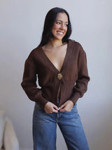 Women's Fitted Knit Cardigan with Statement Button — view 6