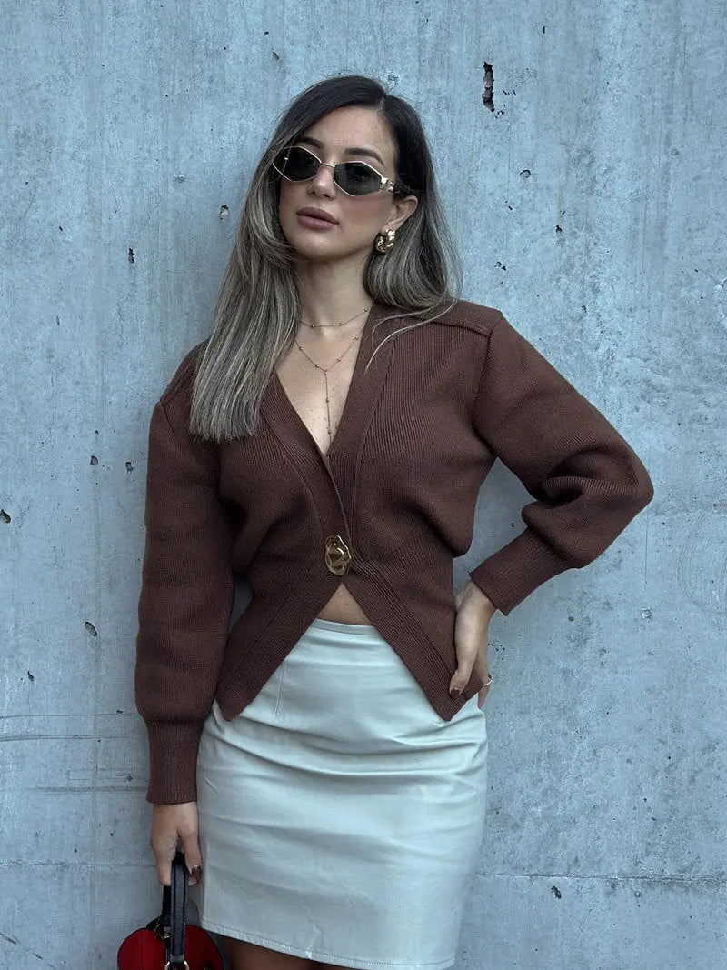 Women's Fitted Knit Cardigan with Statement Button — view 3