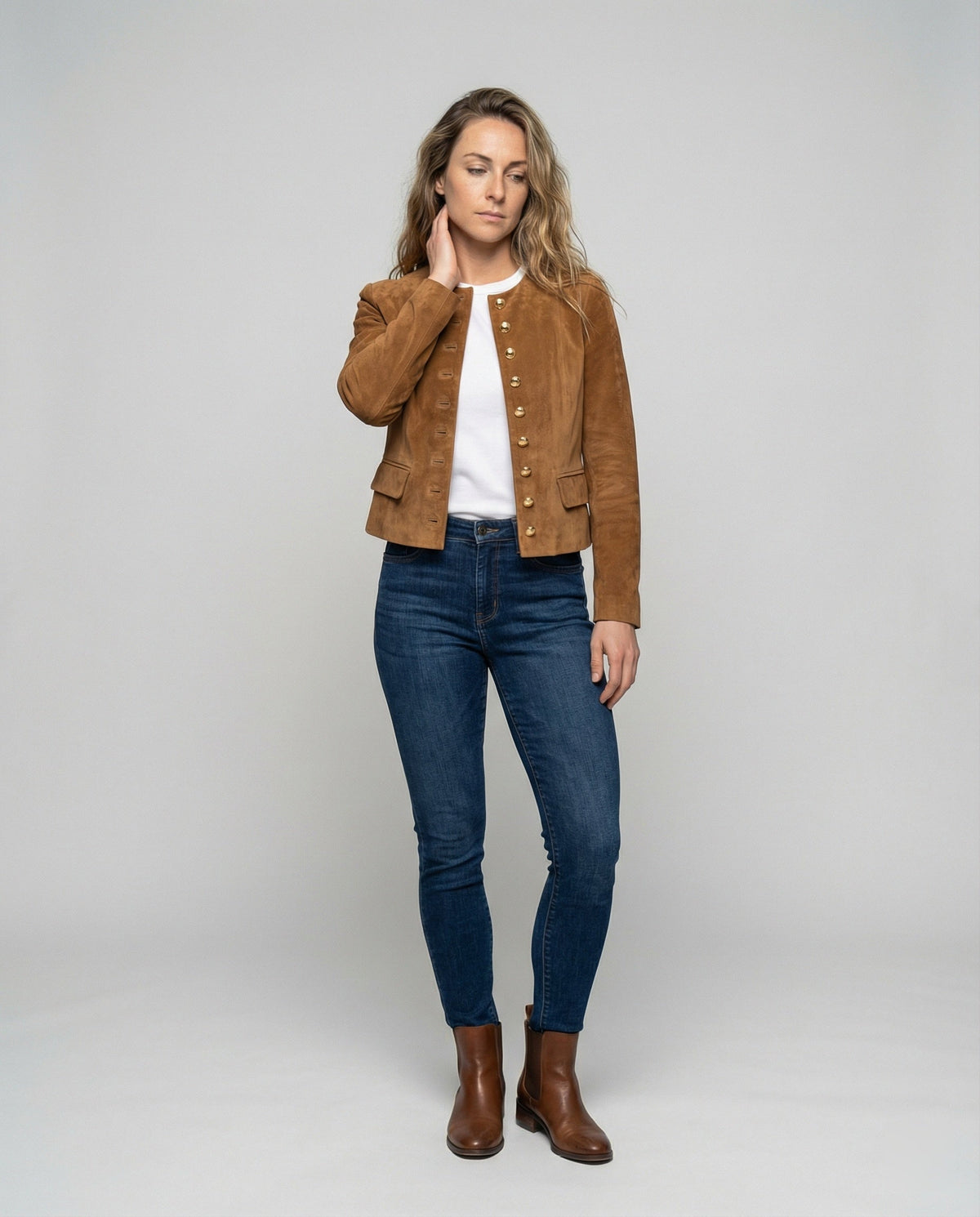 Elowen | Women's Faux Suede Collarless Gold-Button Jacket — view 2