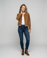Elowen | Women's Faux Suede Collarless Gold-Button Jacket — view 2