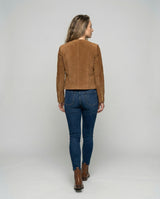 Elowen | Women's Faux Suede Collarless Gold-Button Jacket — view 3
