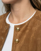Elowen | Women's Faux Suede Collarless Gold-Button Jacket — view 4