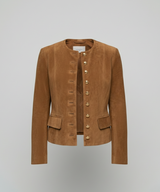 Elowen | Women's Faux Suede Collarless Gold-Button Jacket — view 5