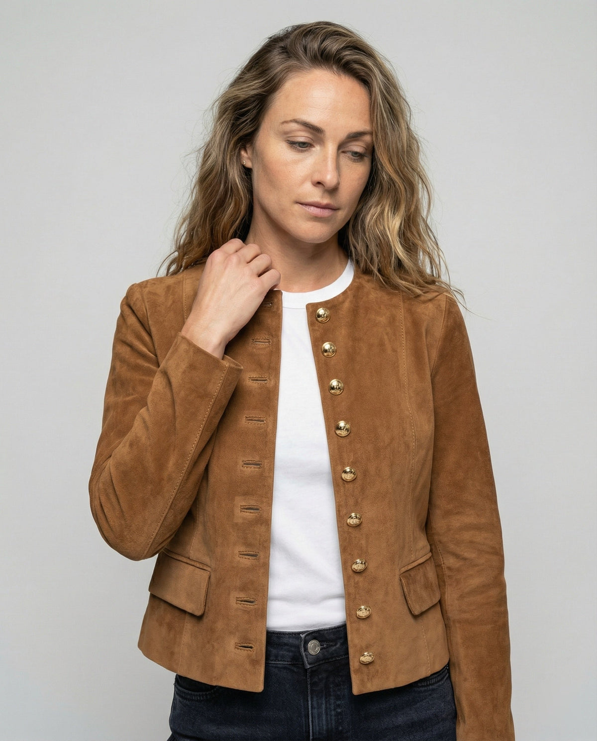 Elowen | Women's Faux Suede Collarless Gold-Button Jacket — view 1