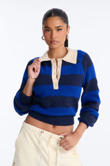 Women's Striped Knit Polo Sweater — Long Sleeve | Yvezi — 1