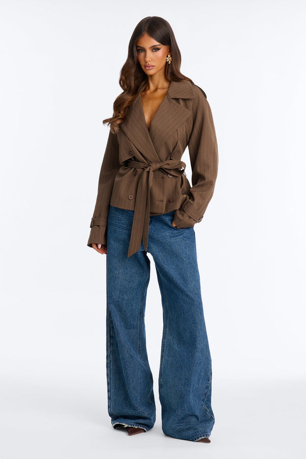 Women's Pinstripe Belted Jacket | Yvezi — 1
