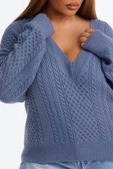 Women's Cable Knit Sweater — Long Sleeve, Ribbed | Yvezi — 7
