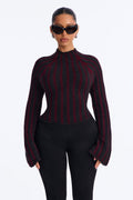 Women's Striped Knit Sweater — Long Sleeve, Mock Neck | Yvezi — 1