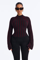 Women's Striped Knit Sweater — Long Sleeve, Mock Neck | Yvezi — 1