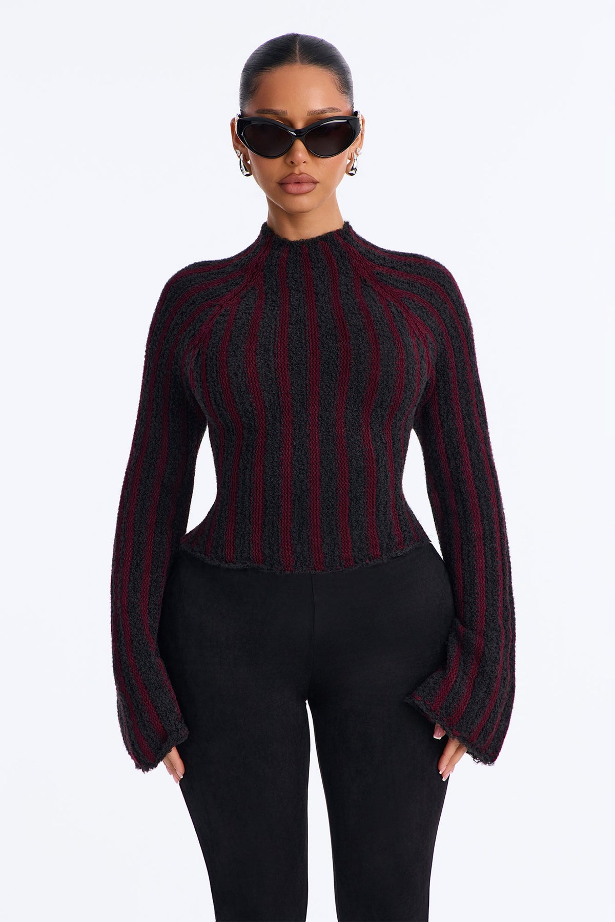 Women's Striped Knit Sweater — Long Sleeve, Mock Neck | Yvezi — 1