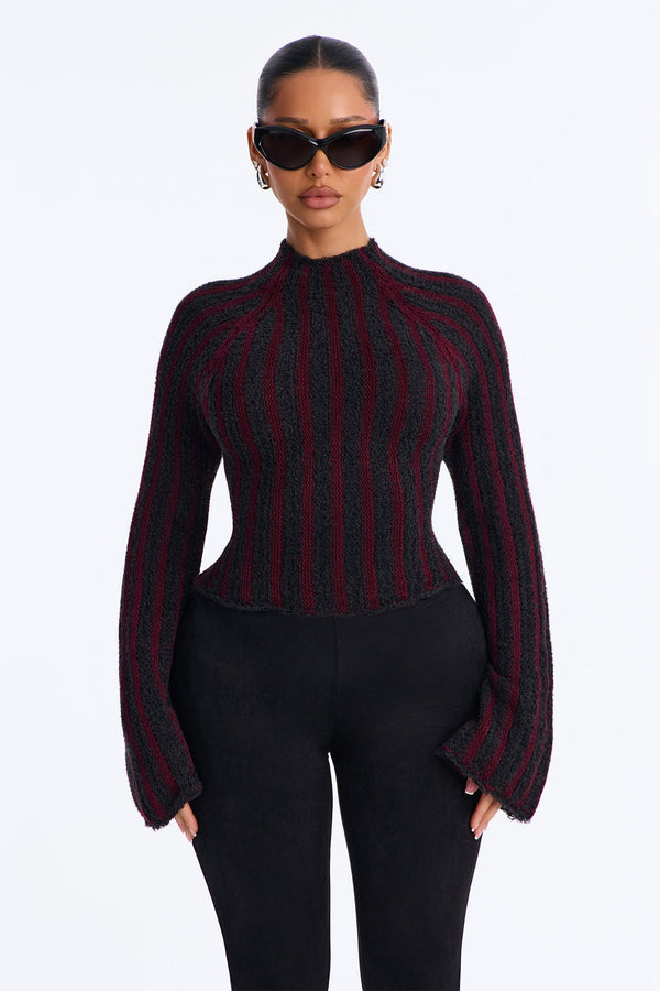 Women's Striped Knit Sweater — Long Sleeve, Mock Neck | Yvezi — 1