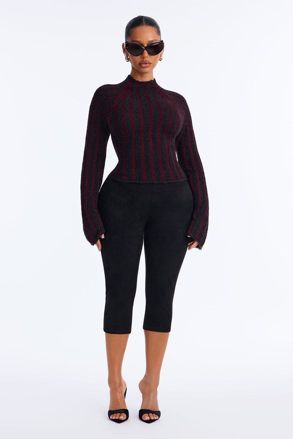 Women's Striped Knit Sweater — Long Sleeve, Mock Neck | Yvezi — 2