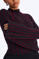 Women's Striped Knit Sweater — Long Sleeve, Mock Neck | Yvezi — 3