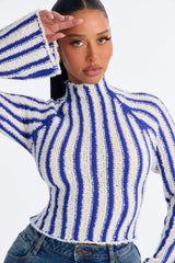 Women's Striped Knit Sweater — Long Sleeve, Mock Neck | Yvezi — 11