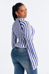 Women's Striped Knit Sweater — Long Sleeve, Mock Neck | Yvezi — 12