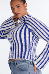Women's Striped Knit Sweater — Long Sleeve, Mock Neck | Yvezi — 15