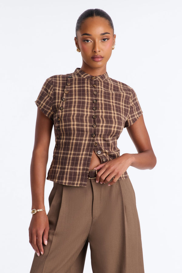 Women's Check Blouse — Short Sleeve, Mock Neck | Yvezi — 1