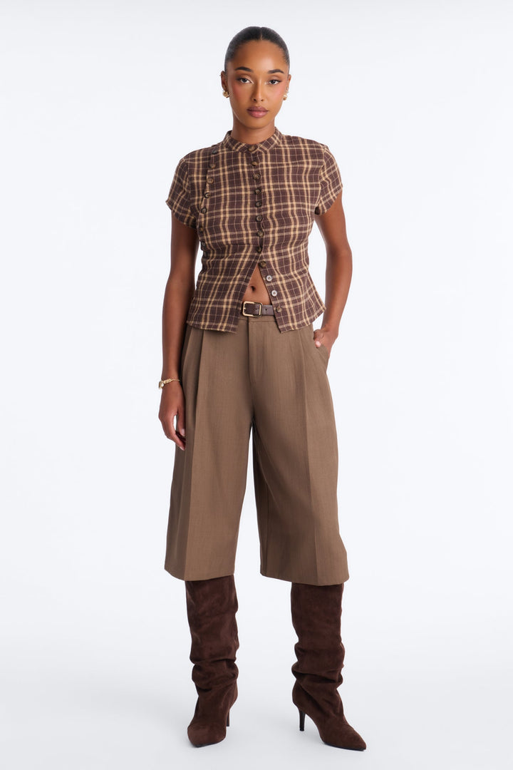 Women's Check Blouse — Short Sleeve, Mock Neck | Yvezi — 2