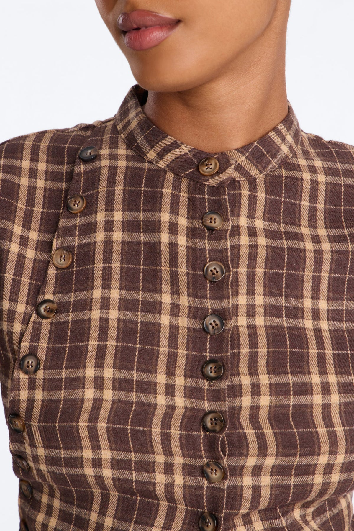Women's Check Blouse — Short Sleeve, Mock Neck | Yvezi — 3