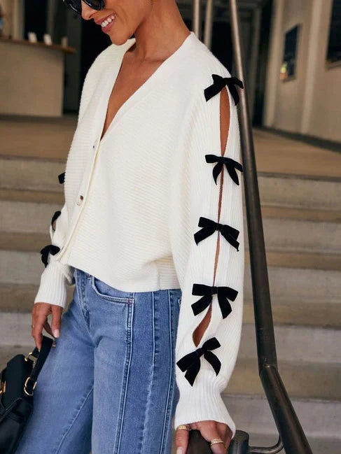 Cecily | Women's Knit Cardigan with Bow Sleeve Detail — view 2