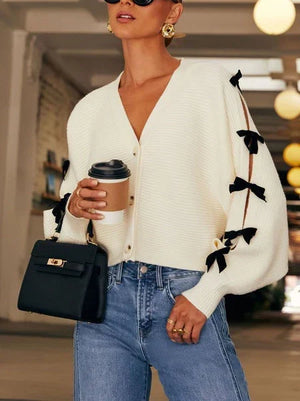 Cecily | Women's Knit Cardigan with Bow Sleeve Detail — view 1