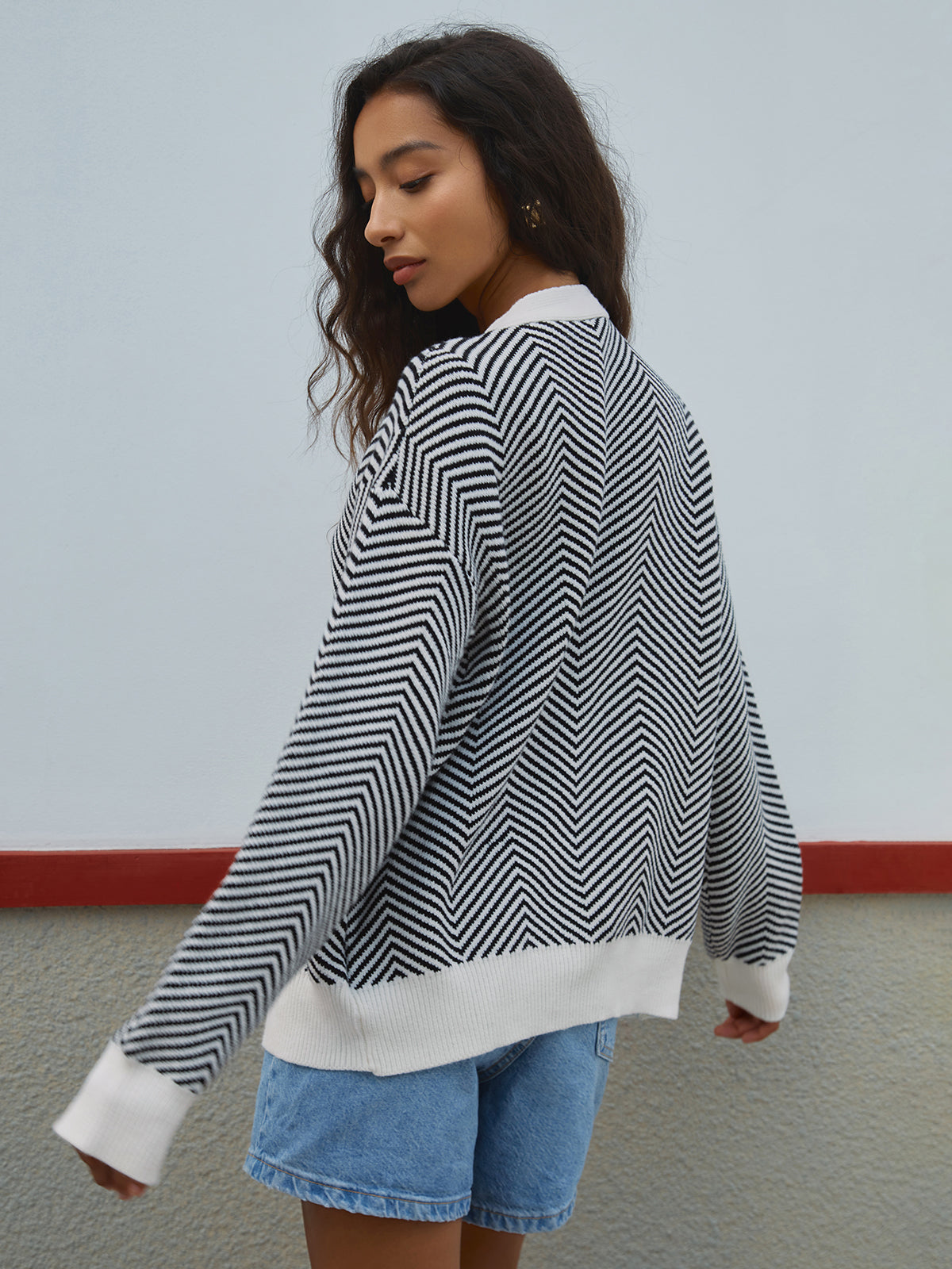 Mirevane | Women's Striped V-Neck Knit Cardigan — view 2