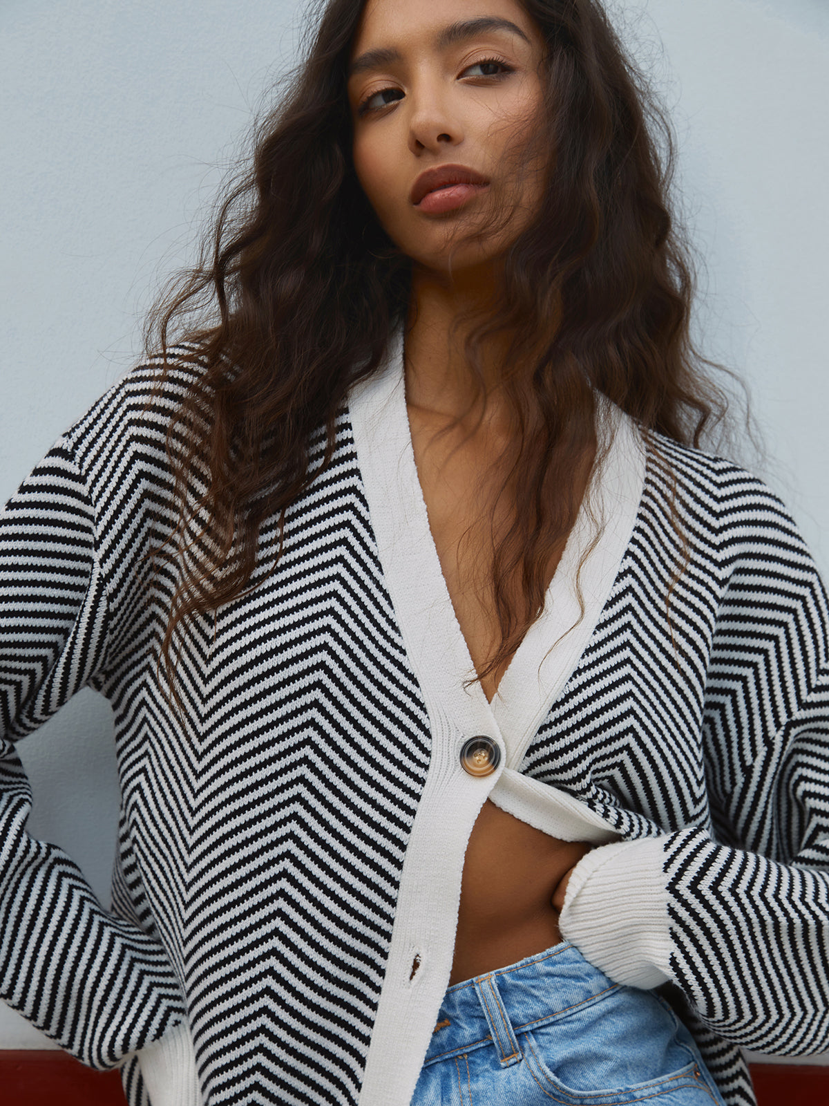 Mirevane | Women's Striped V-Neck Knit Cardigan — view 3