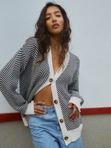 Mirevane | Women's Striped V-Neck Knit Cardigan — view 1