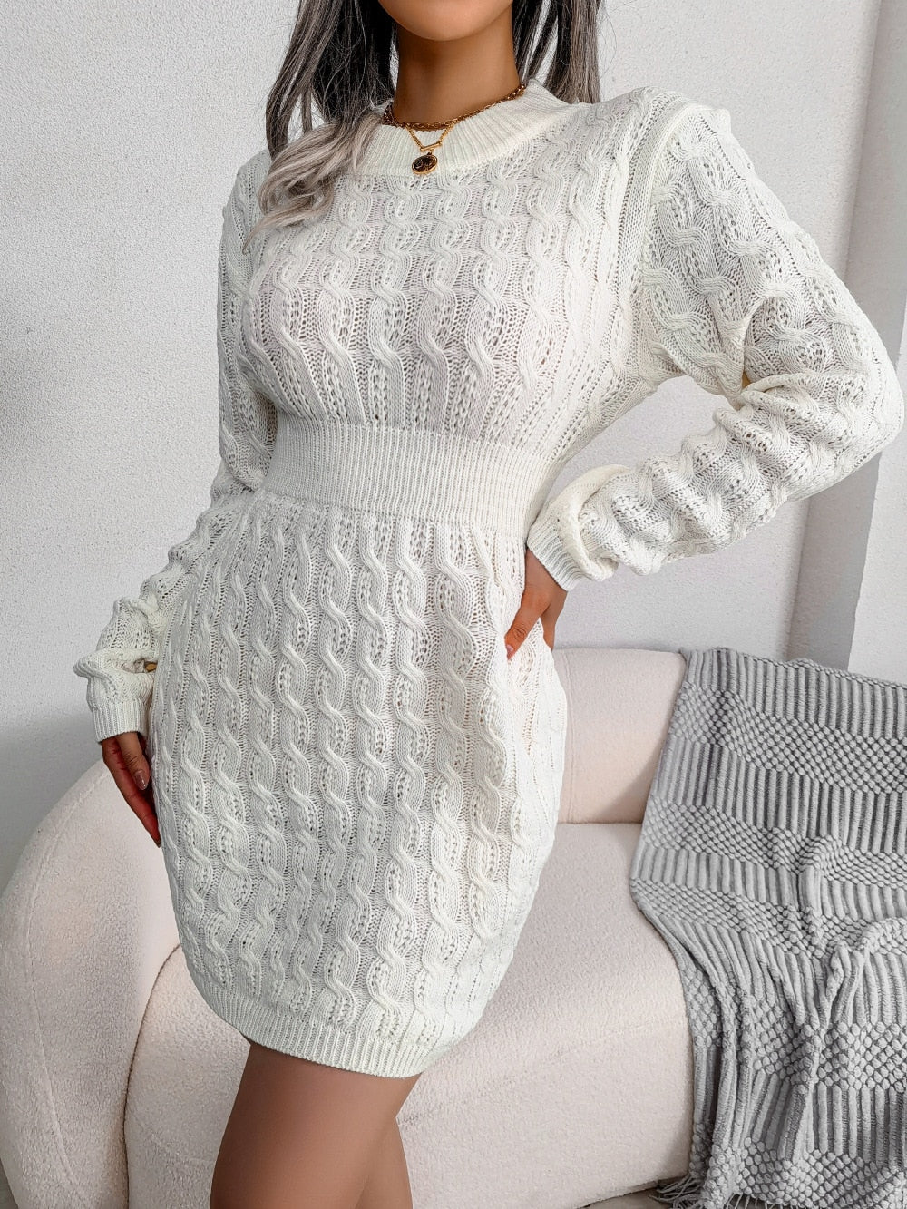 Women’s Cable Knit Mini Dress with Long Sleeves — view 3