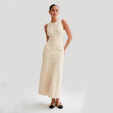 Adeline | Women's Ribbed Knit Button-Front Maxi Party Dress — view 5