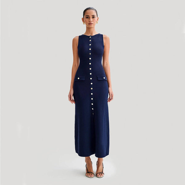 Adeline | Women's Ribbed Knit Button-Front Maxi Party Dress — view 1