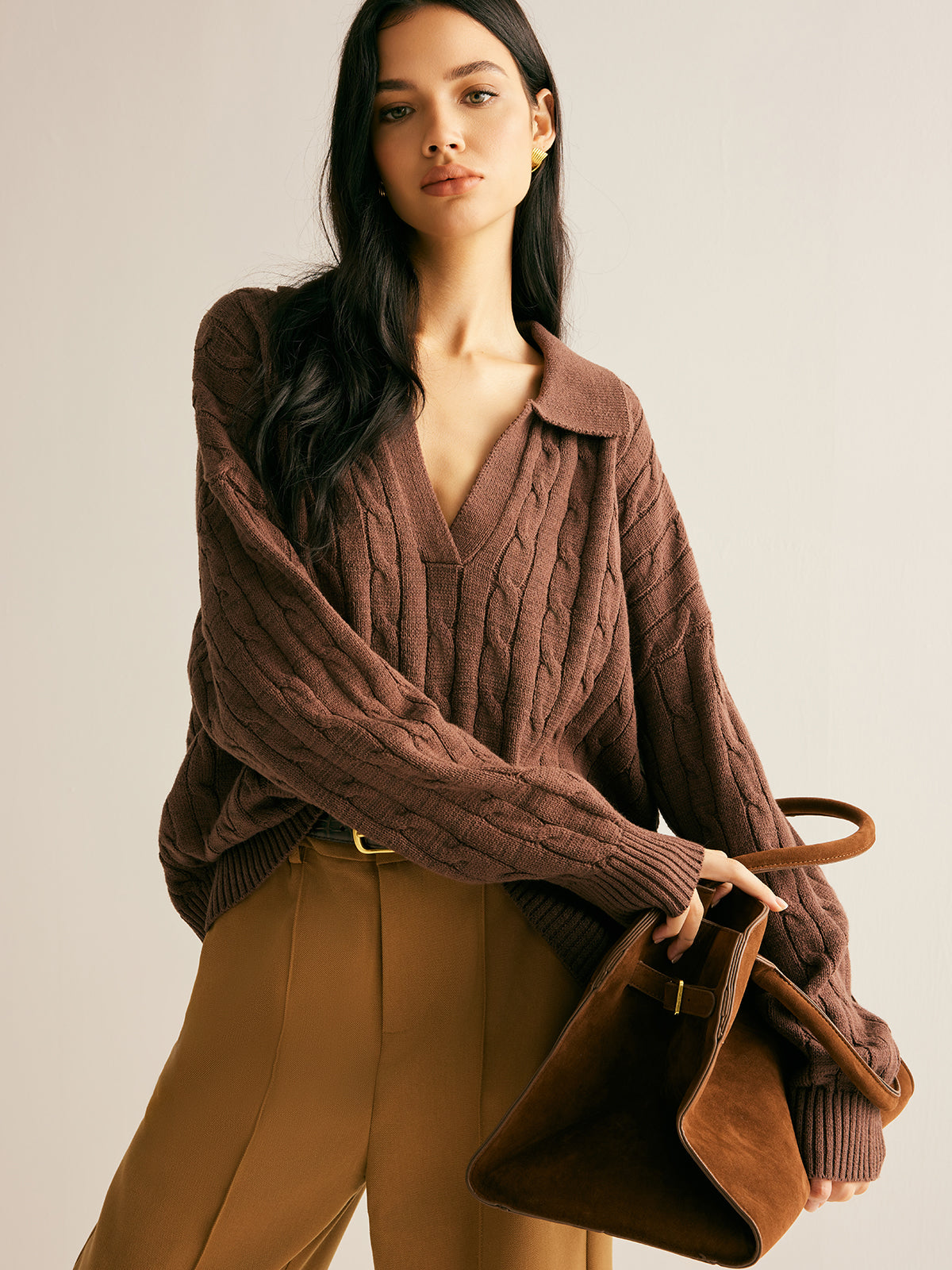 Soléanne | Women's Cable Knit Collared Jumper — view 3