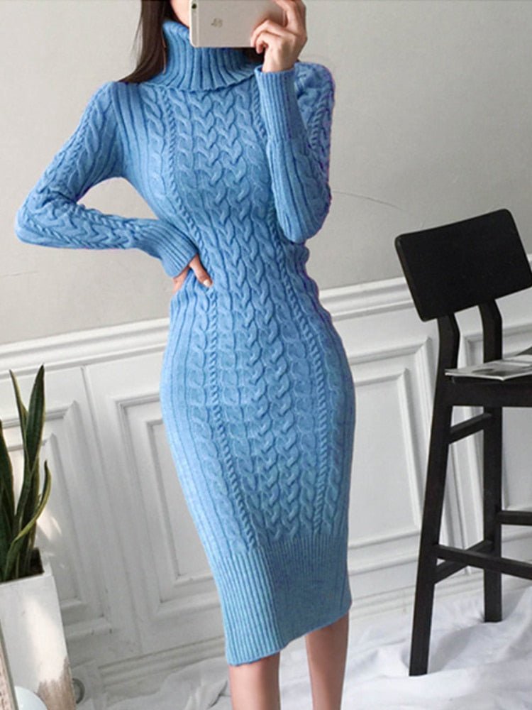 Women's Cable Knit Roll Neck Midi Dress | Winter — view 3