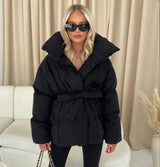 Women's Puffer Jacket with Tie Belt & High Collar | Oversized — view 10