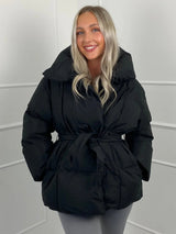Women's Puffer Jacket with Tie Belt & High Collar | Oversized — view 12