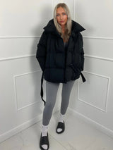 Women's Puffer Jacket with Tie Belt & High Collar | Oversized — view 13