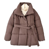 Women's Puffer Jacket with Tie Belt & High Collar | Oversized — view 15