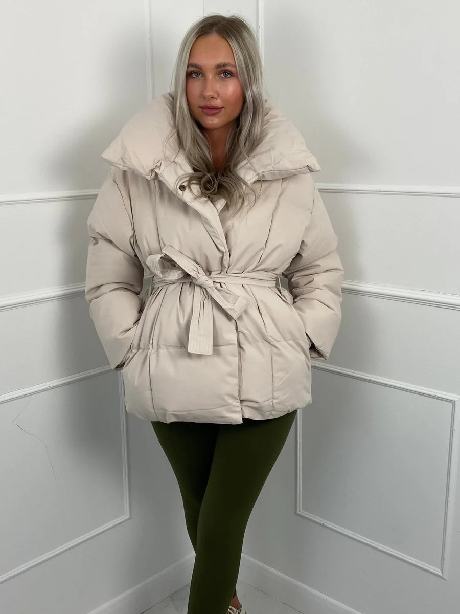Women's Puffer Jacket with Tie Belt & High Collar | Oversized — view 2