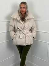 Women's Puffer Jacket with Tie Belt & High Collar | Oversized — view 2