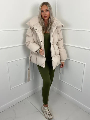 Women's Puffer Jacket with Tie Belt & High Collar | Oversized — view 3