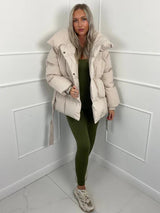 Women's Puffer Jacket with Tie Belt & High Collar | Oversized — view 3
