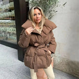 Women's Puffer Jacket with Tie Belt & High Collar | Oversized — view 5