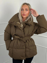 Women's Puffer Jacket with Tie Belt & High Collar | Oversized — view 6