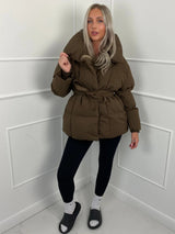 Women's Puffer Jacket with Tie Belt & High Collar | Oversized — view 7