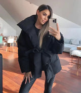 Women's Puffer Jacket with Tie Belt & High Collar | Oversized — view 9