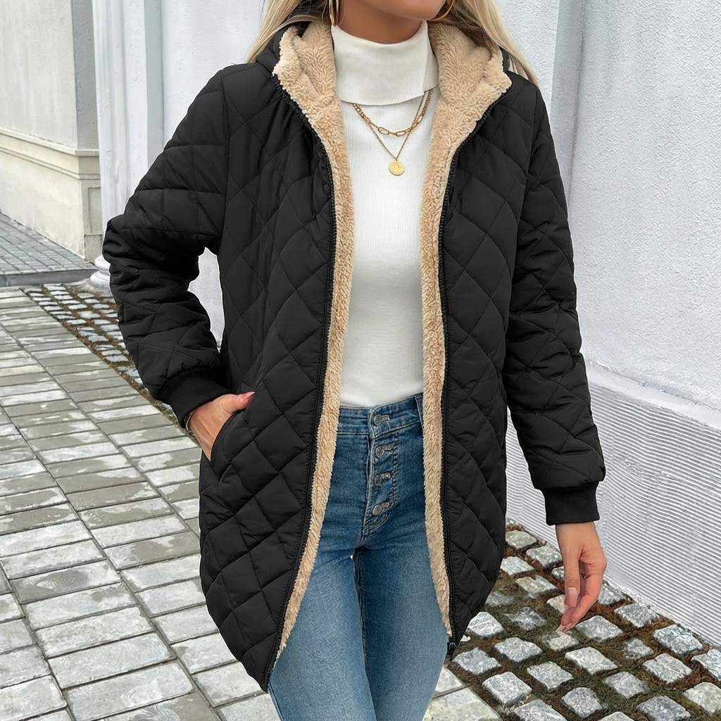 Thea | Women's Longline Hooded Puffer Coat with Diamond Quilting — view 2
