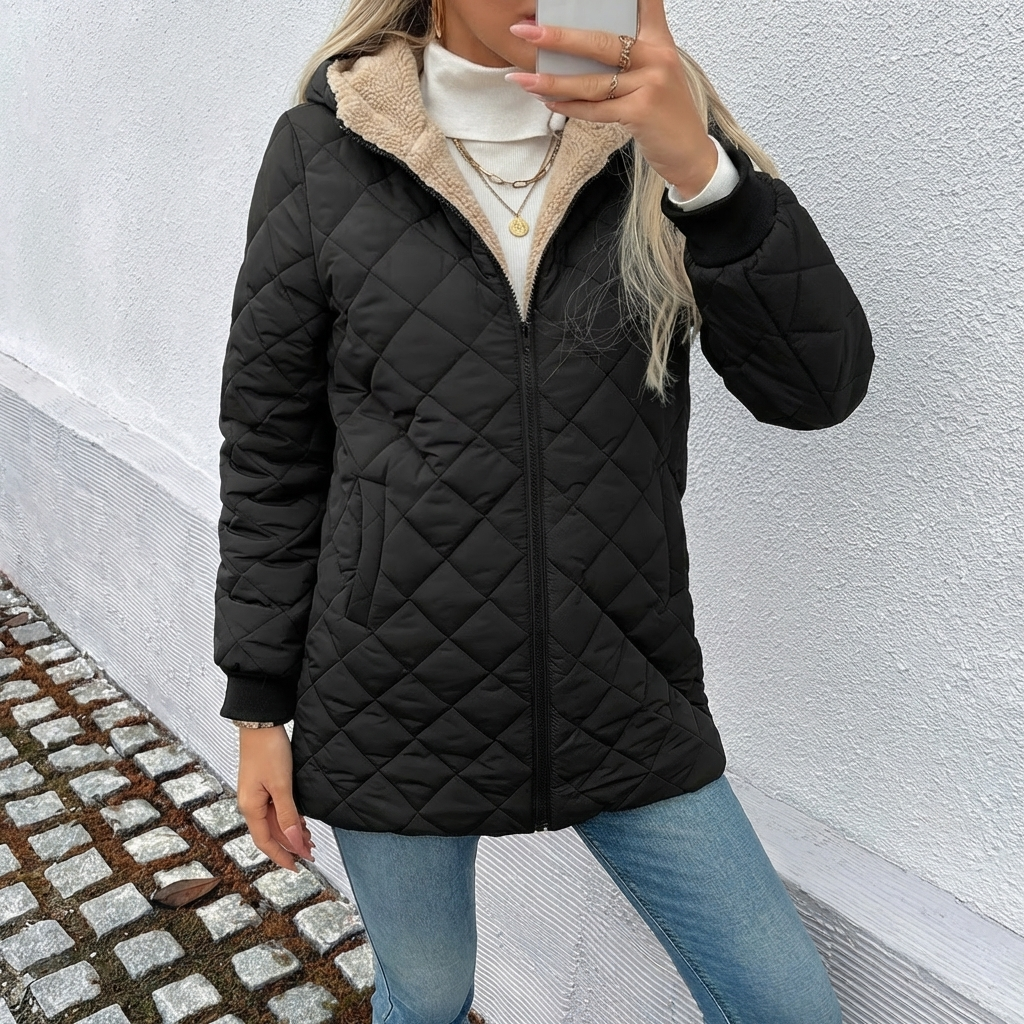 Thea | Women's Longline Hooded Puffer Coat with Diamond Quilting — view 3