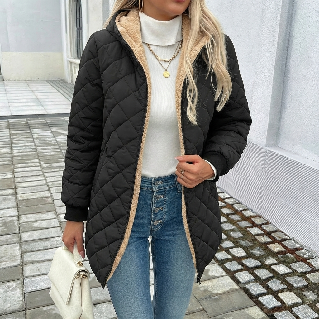 Thea | Women's Longline Hooded Puffer Coat with Diamond Quilting — view 1