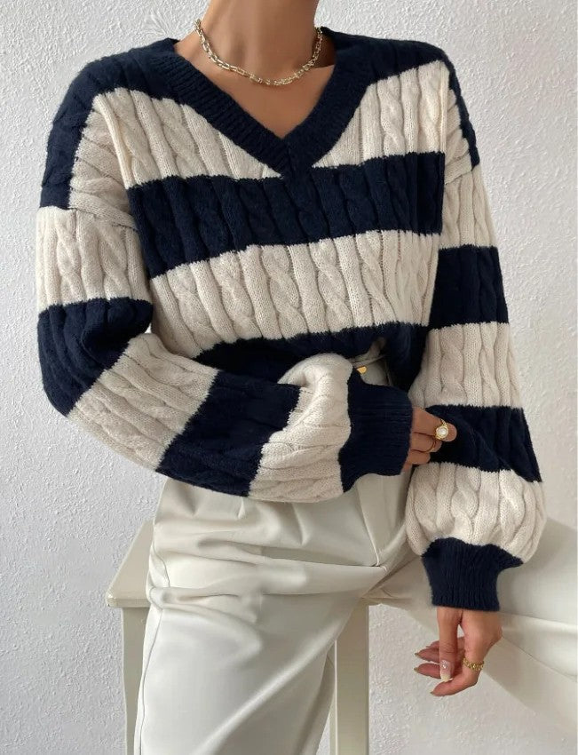 Isalène | Women's Striped Cable Knit V-Neck Sweater — view 2